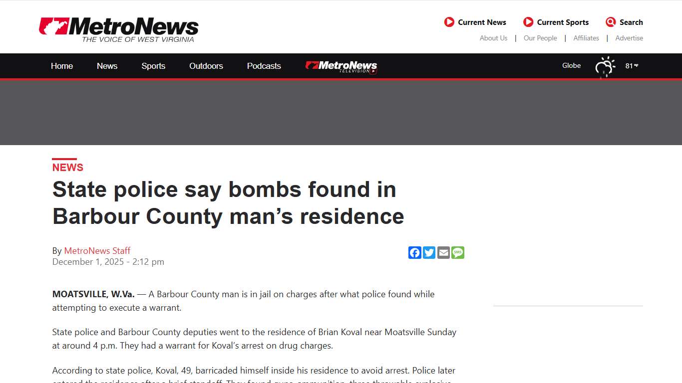 State police say bombs found in Barbour County man's residence - WV MetroNews